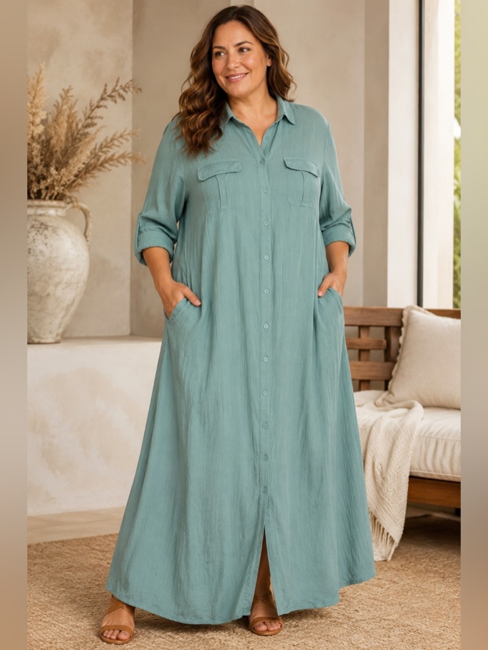 Soft Surroundings Seafoam Green Button-Front Maxi Dress